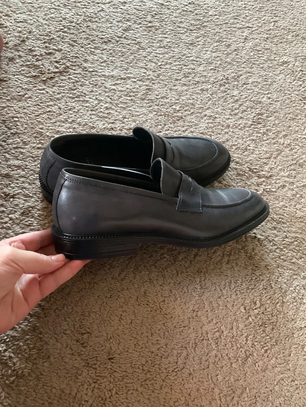 Bruno Magli grey leather classic penny loafers